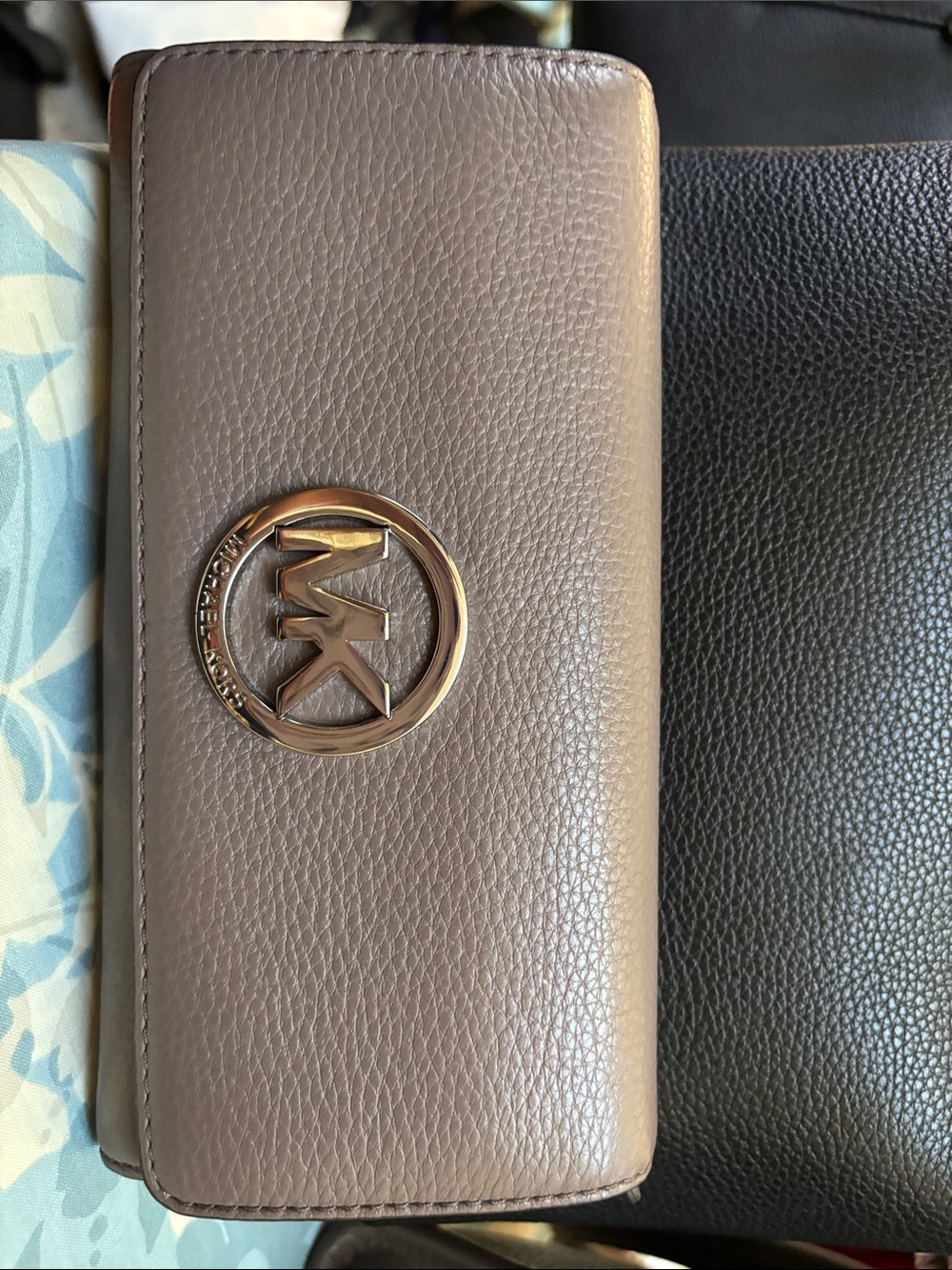 Michael Kors Pebbled Leather Continental Wallet in Taupe with Gold MK Logo